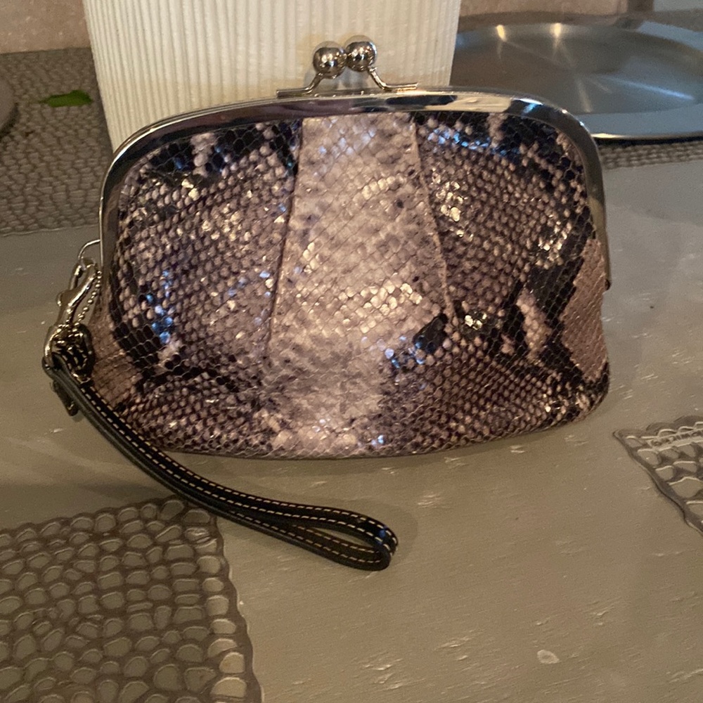 Coach leather wristlet in gray snake
